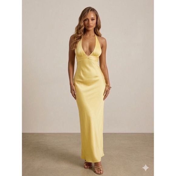 Princess Polly Dresses & Skirts - Princess Polly Yellow Odyssa Satin Halter Open Back Maxi Dress Formal Evening 8